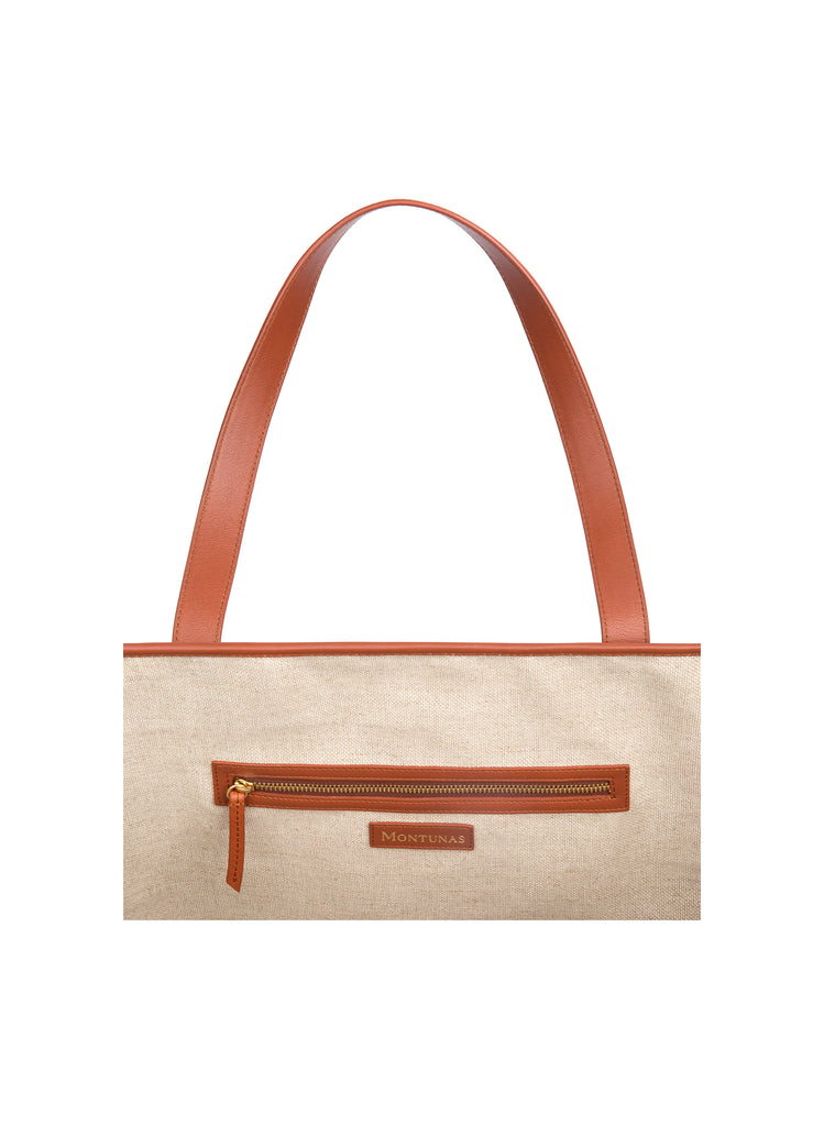 Large Tote in Cognac and Linen